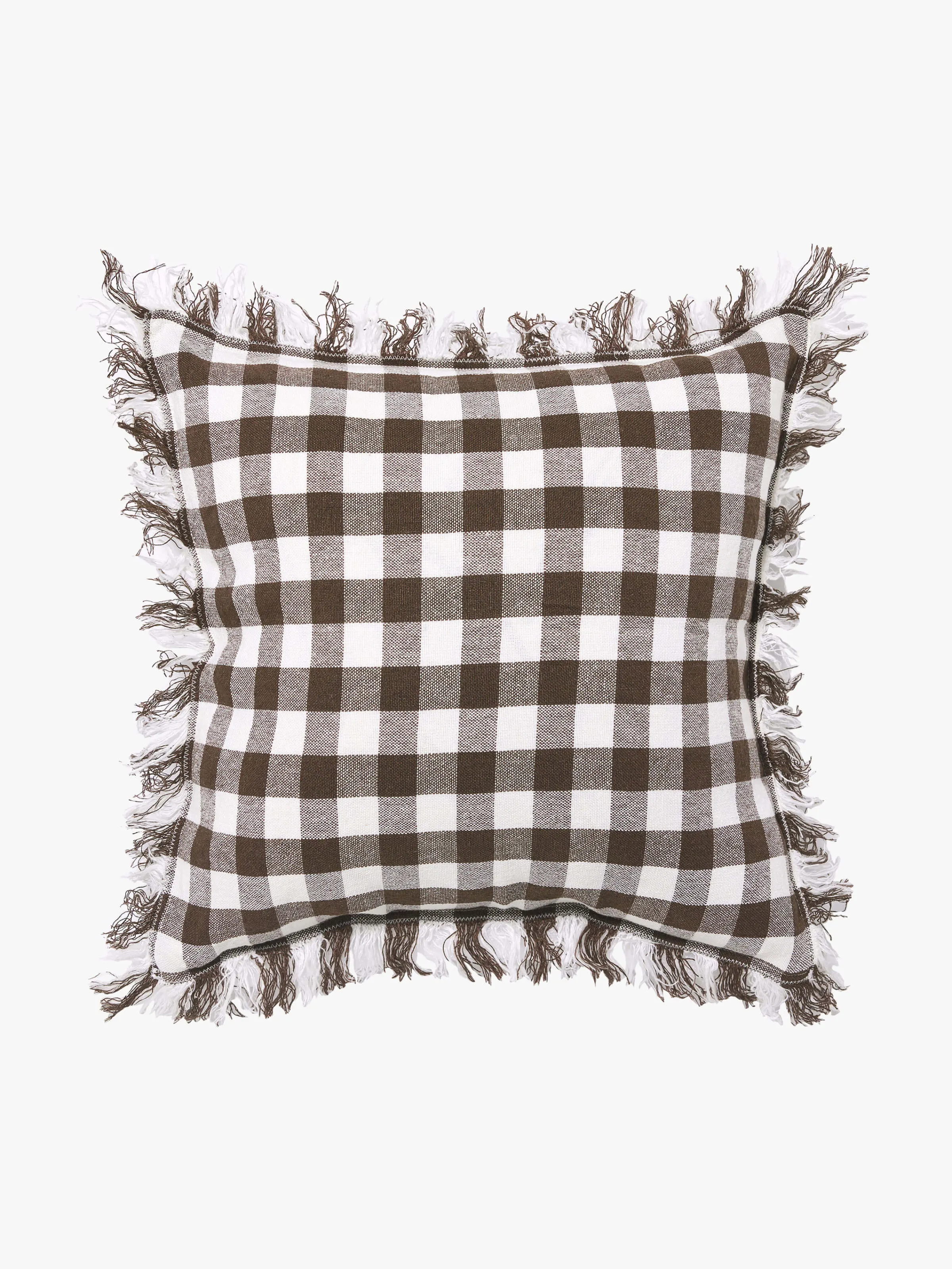 L&M Home Ava Gingham Fringed Pure Linen Cushion Clearance